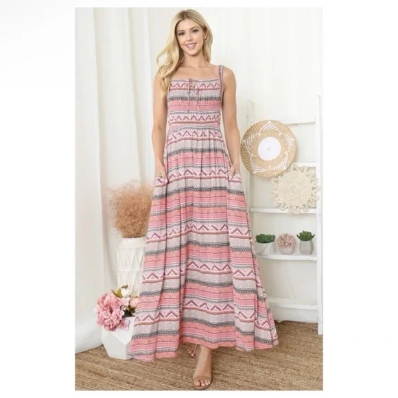 Smocked Maxi Dress Partially Lined Top - Picture 3 of 8